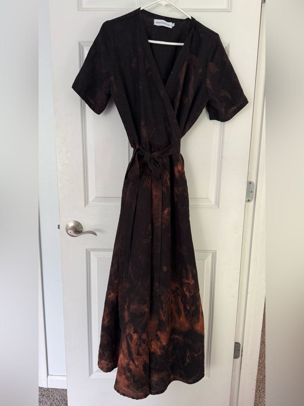 Hand dyed OOAK 100% linen Mantaikotai Wrap Maxi Dress in Black and Brown NWOT